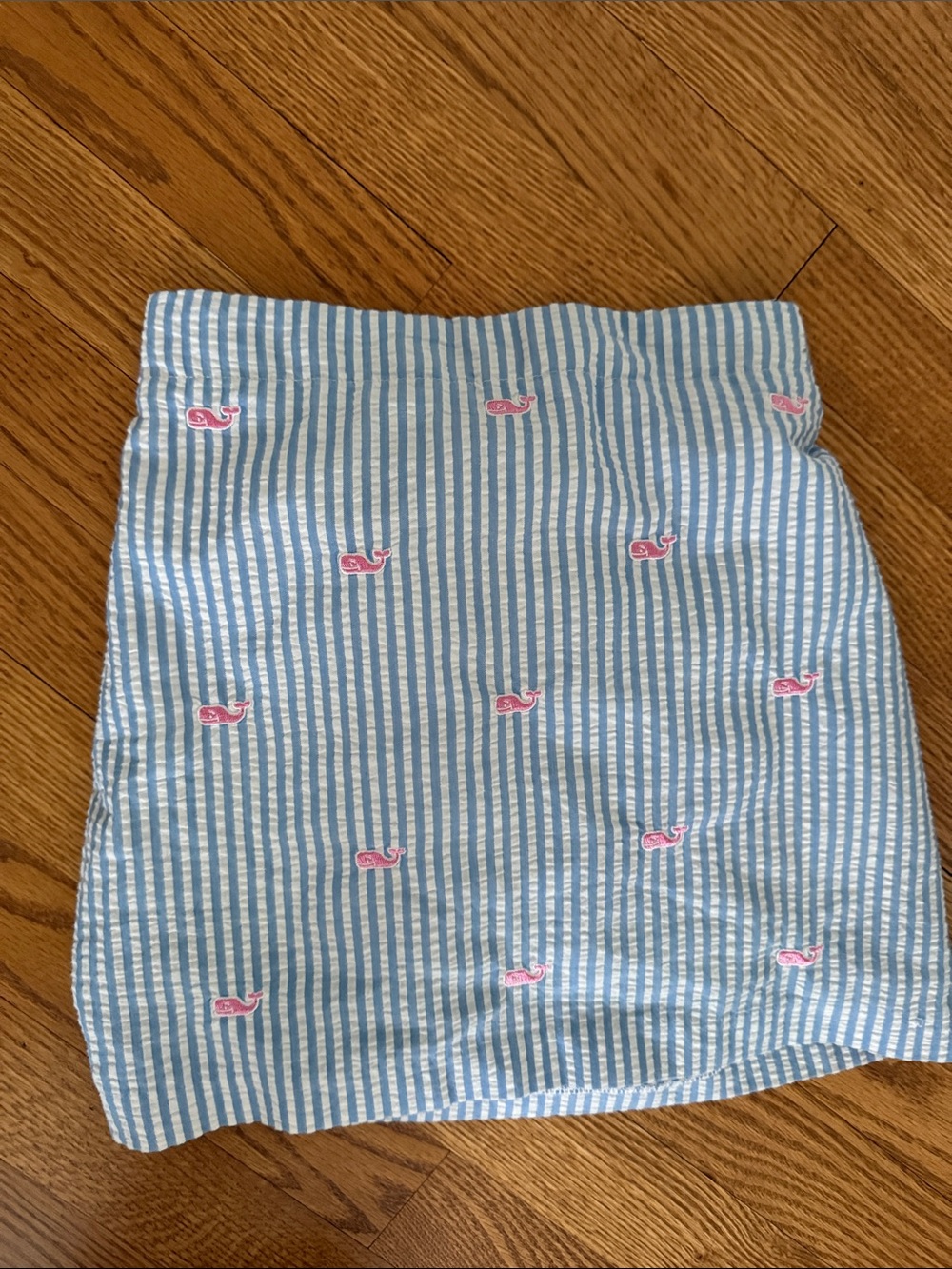 Girls Blue Seersucker Stripe Skirt with Pink Whale Embroidery